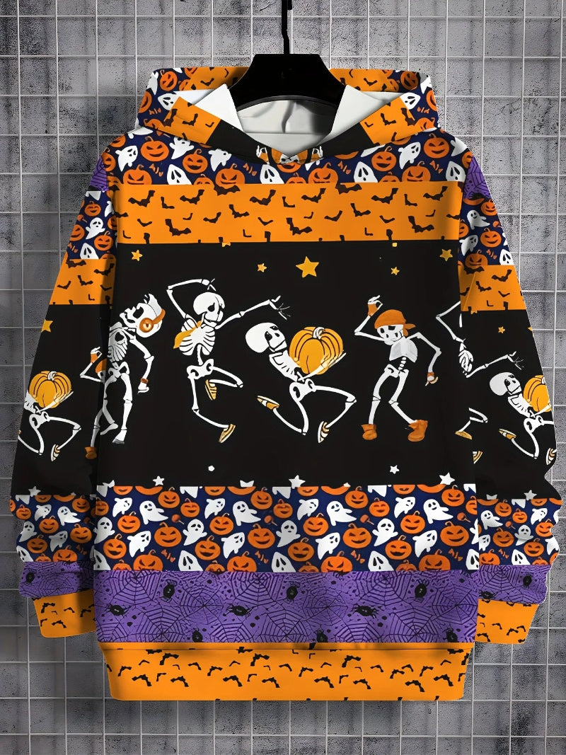 Halloween-themed hoodie with skeletons, pumpkins, and ghosts on a gray tiled background