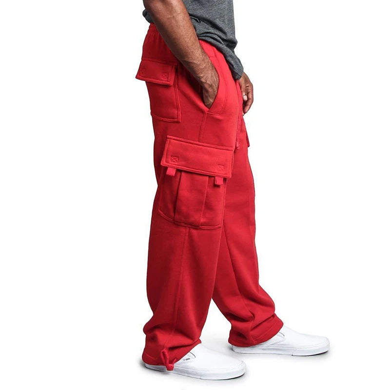 Men’s oversized straight fit jogger sweatpants with drawstring waist and multiple pockets -  red