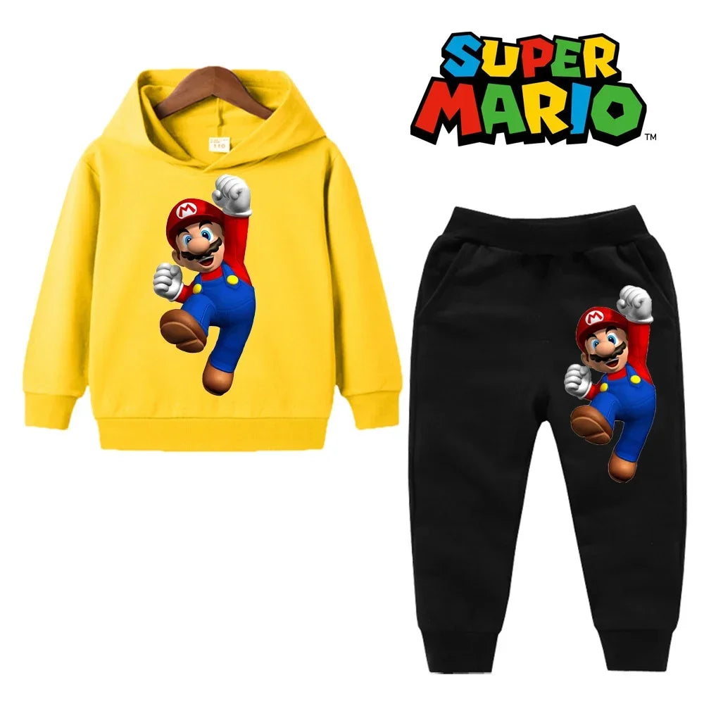 Yellow hoodie and black pants with Super Mario character design on a white background, featuring the Super Mario logo.