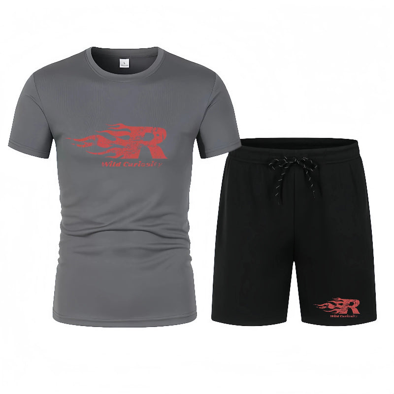 Gray t-shirt and black shorts set with red logo on a white background