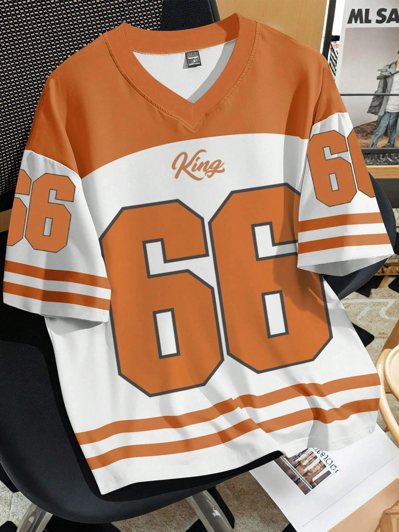 Women Clothing No.66 V-neck Football Jersey -white and orange