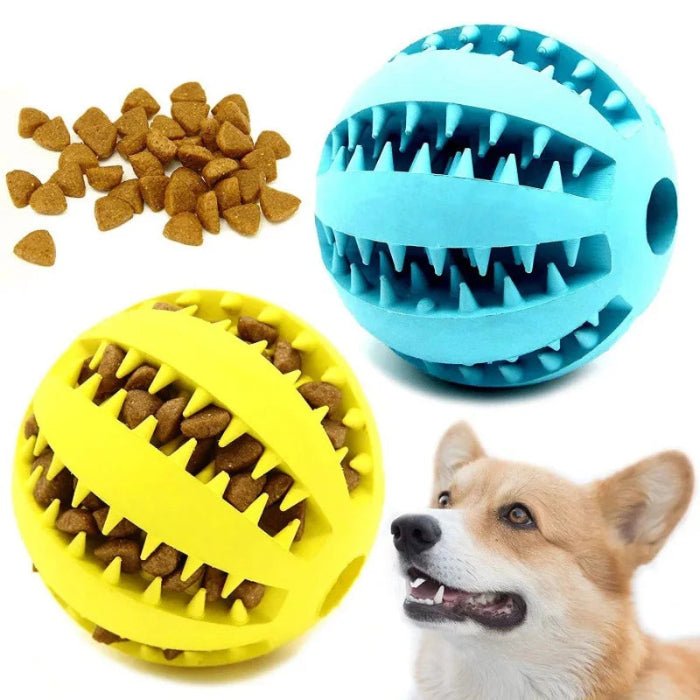 Natural rubber chew toy treat ball for dogs with teeth cleaning design. - blue Yellow