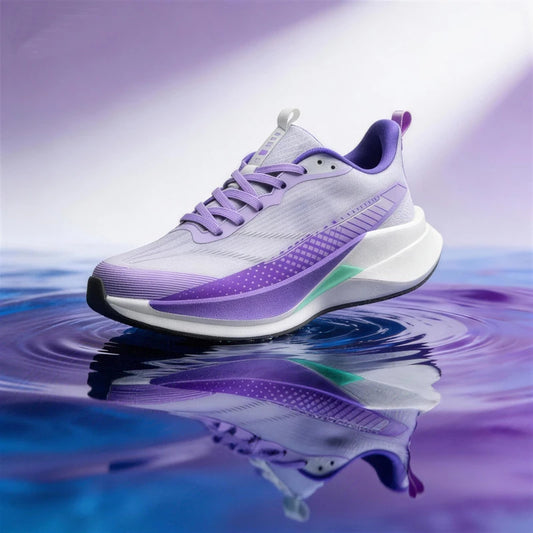 White and purple running shoe with a reflective surface