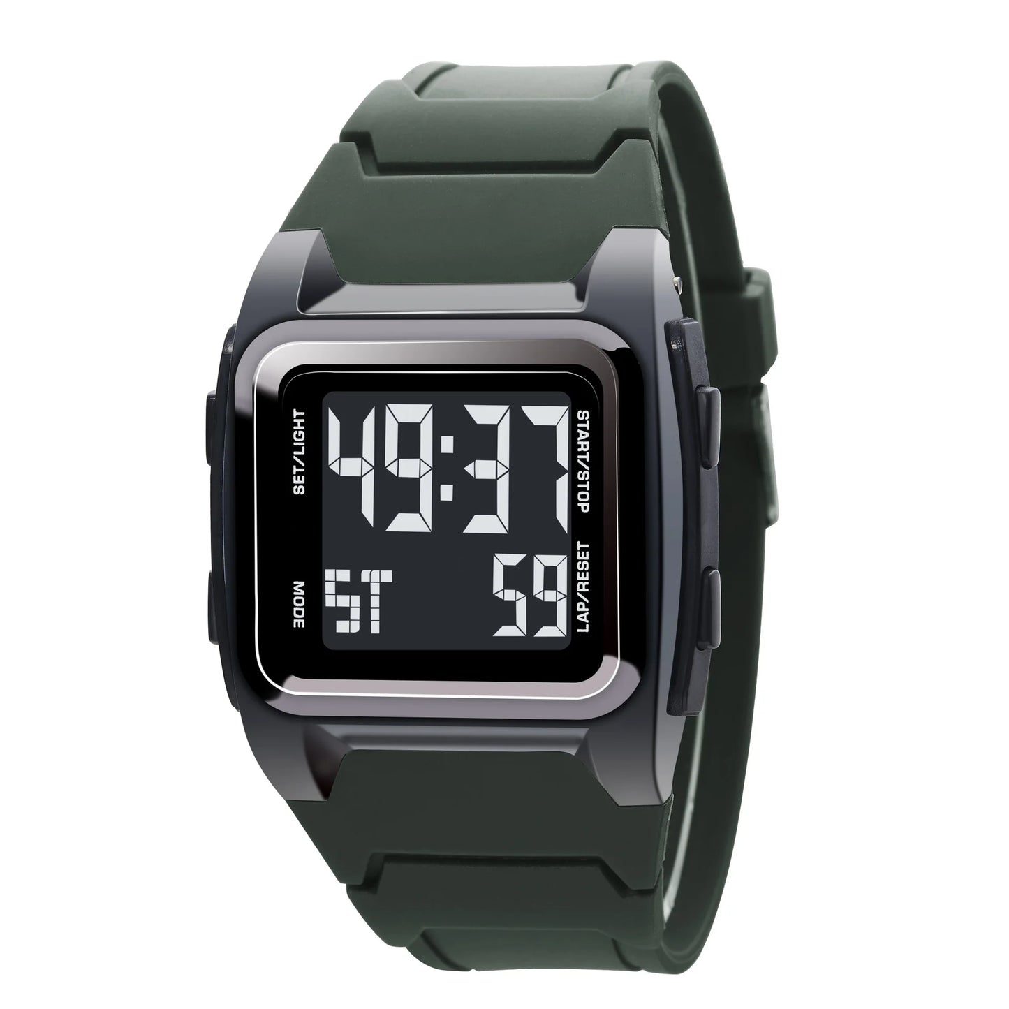 Digital watch with a black strap on a white background