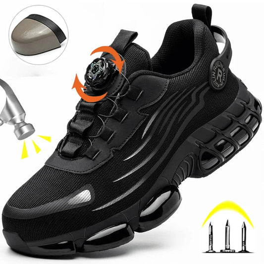 Black sneaker with water resistance feature and shock absorption illustration on a white background