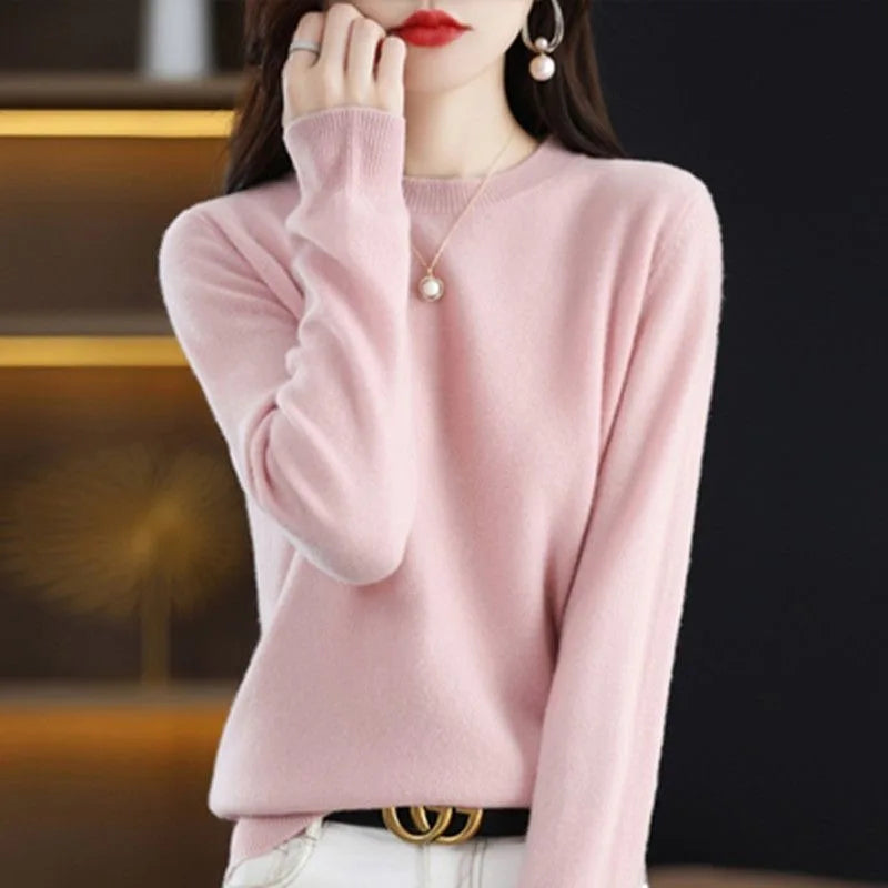 Women’s long-sleeved solid color knit pullover sweater with O-neck pink