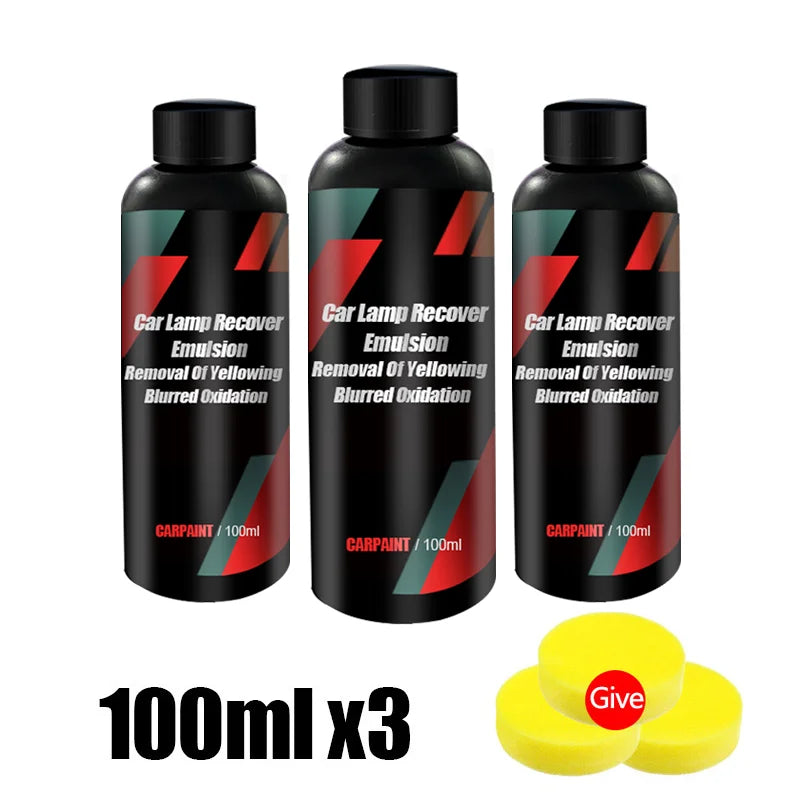 Three bottles of car lamp recover emulsion with a yellow sponge on a white background