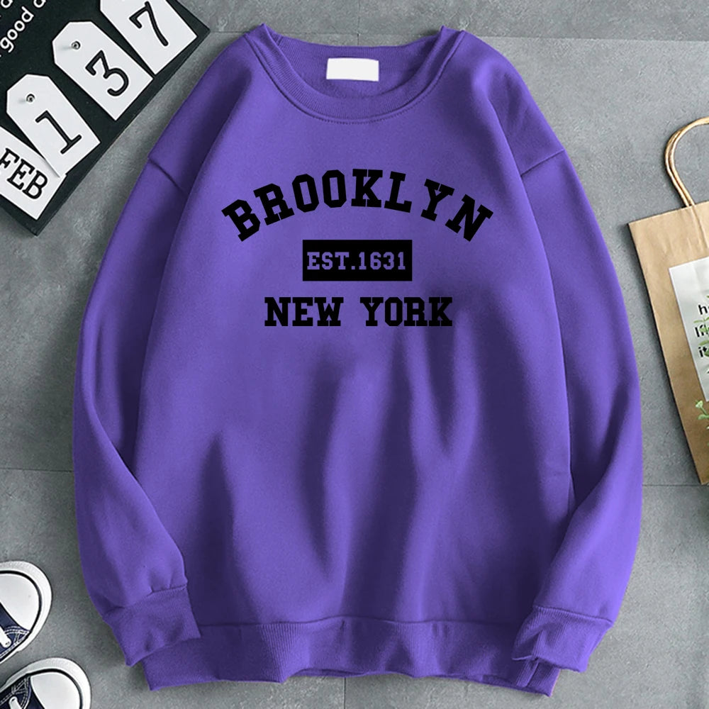 Women's Brooklyn 1631 letter print hoodie in soft fleece, gray pullover. - purple