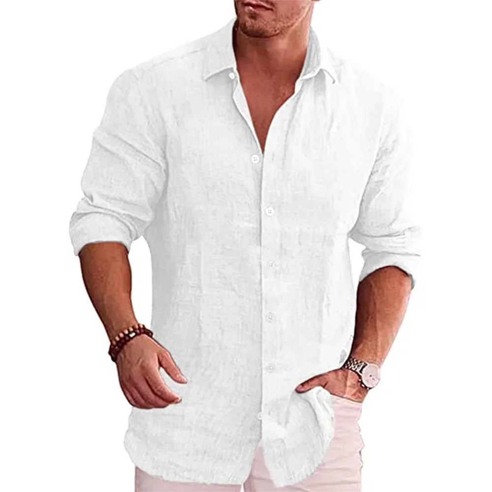 Men’s long sleeve cotton linen shirt in solid color, casual autumn wear, breathable fabric   -  white