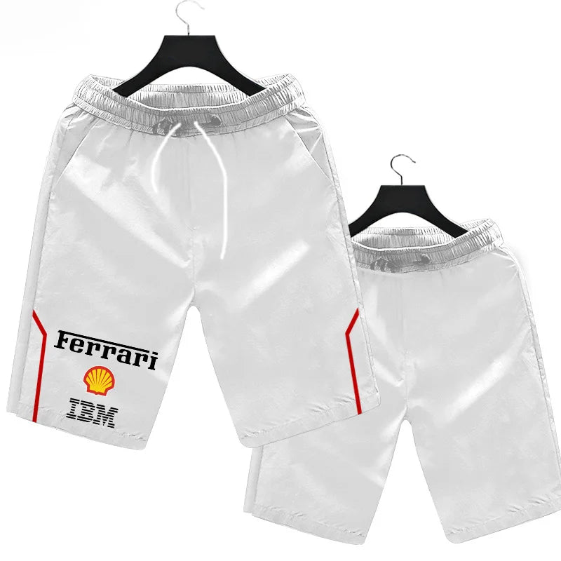 White shorts with Ferrari, Shell, and IBM logos on a white background