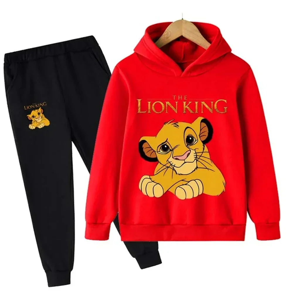Children's lion-themed tracksuit set – hoodie and pants 2-piece outfit for boys and girls red