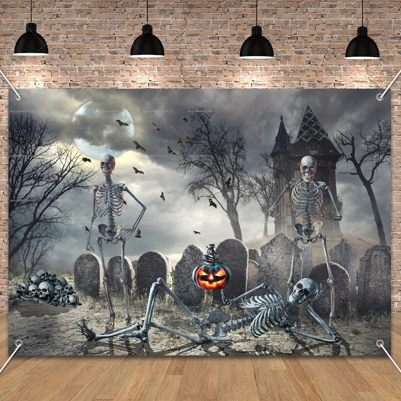 Halloween-themed wall decoration with skeletons and a pumpkin in a cemetery setting.