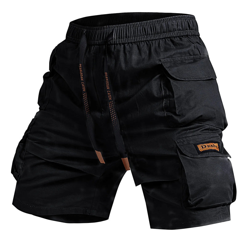 Black cargo shorts with multiple pockets on a white background