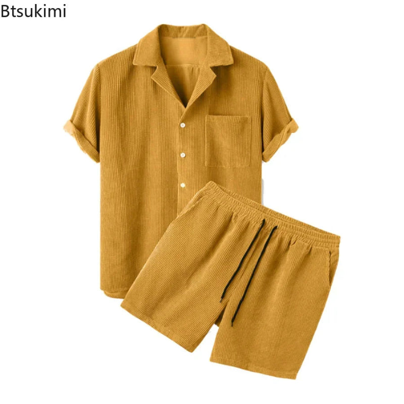 Yellow corduroy shirt and shorts set on a white background with 'Btsukimi' branding.