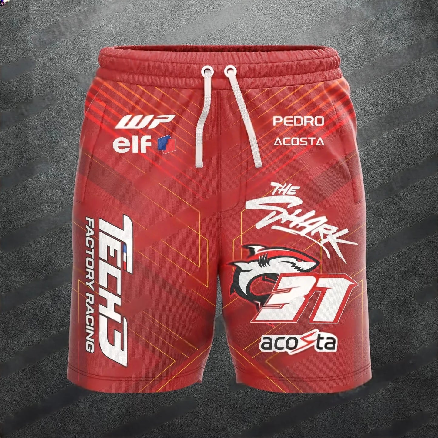 Red shorts with various logos on a dark background