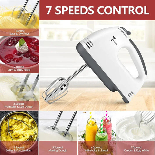 Hand mixer with 7 speed control feature and various food preparation images.