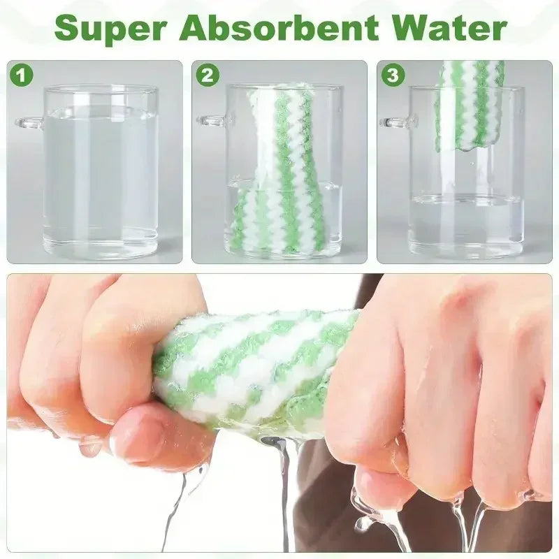 Product demonstration of a super absorbent water tool with text and close-up of hands using it.
