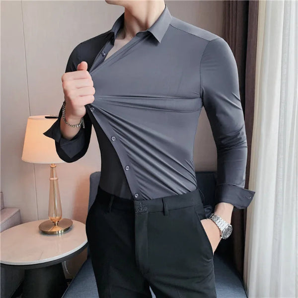 Plus size men’s seamless long sleeve slim fit shirt in high elasticity fabric, available from M to 4XL, suitable for casual and formal occasions. - 1