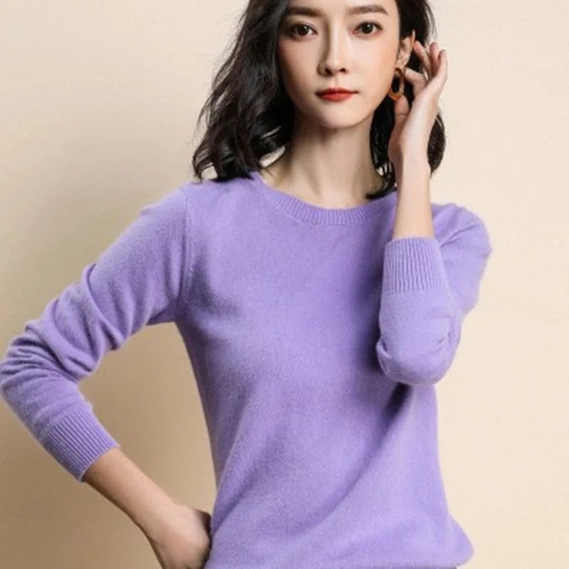 Women’s long-sleeved solid color knit pullover sweater with O-neck purple