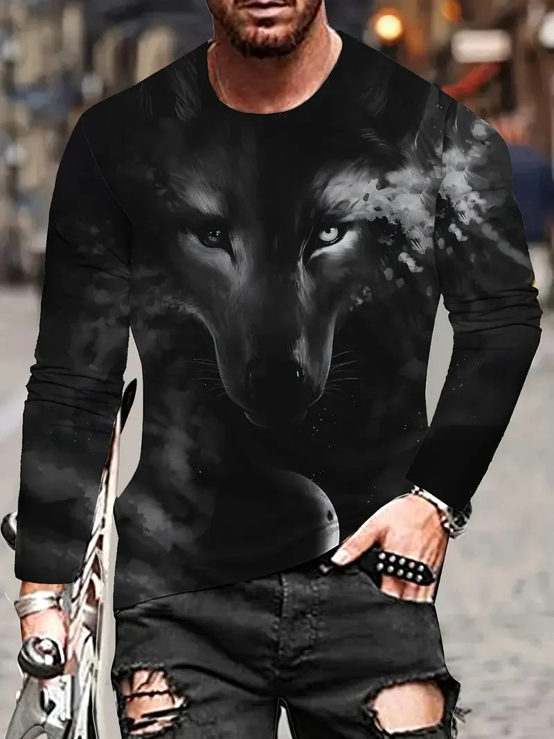 Person wearing a black long-sleeve shirt with a wolf graphic design.