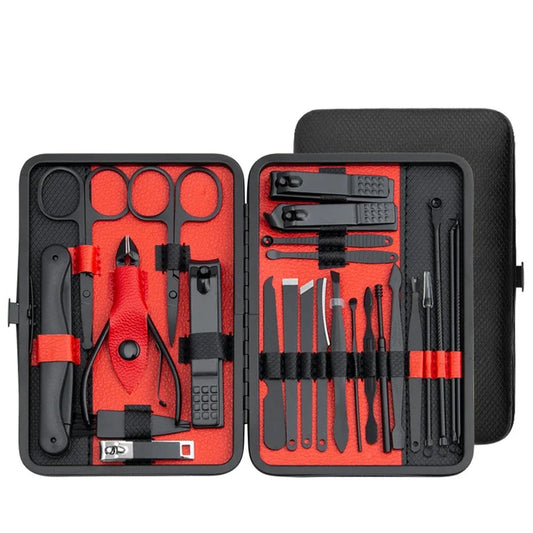 Professional stainless steel manicure and pedicure set with 10/15/25 pcs tools in a portable case, perfect gift for nail care.