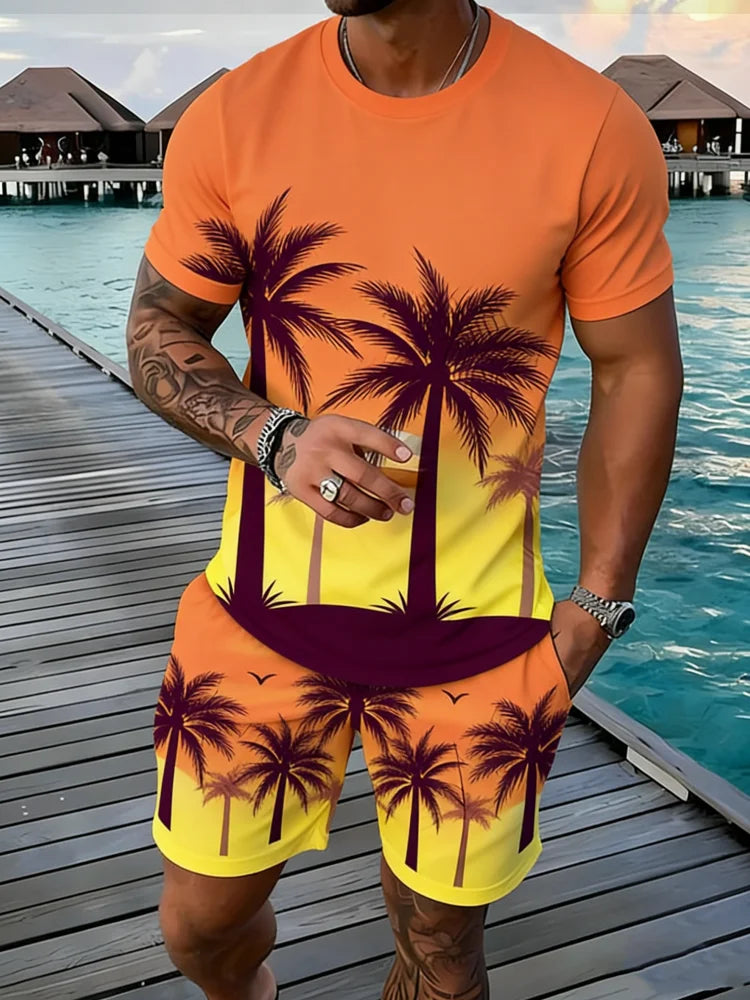 Popular Coconut Tree Printed T-shirt Sets Hawaii Style Tee Shorts Outfits Summer Vacation Two-piece Sets Hot Sell Men's Clothing