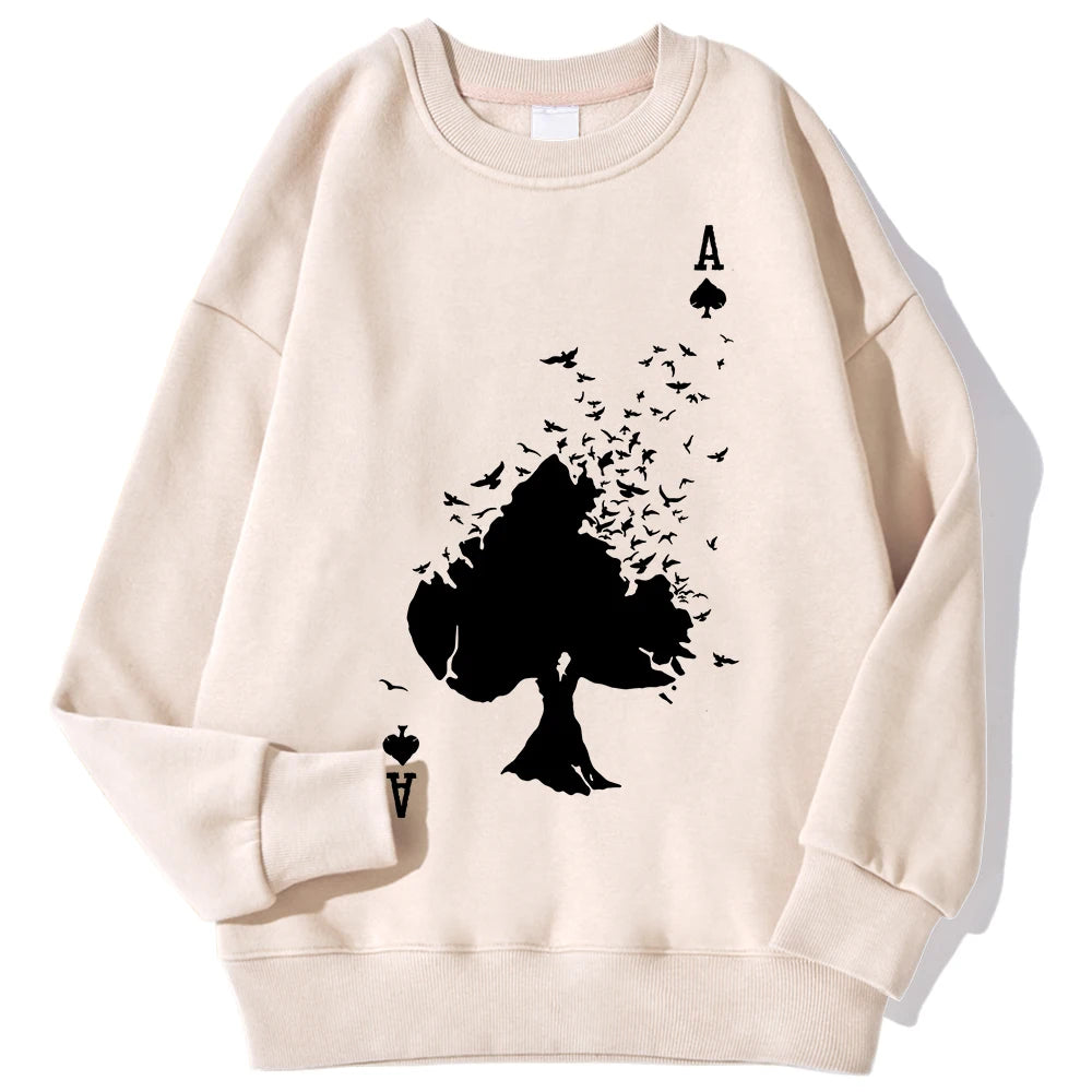 Drifting Spades Black Pattern Sweatshirt – Hip Hop Style Fleece Pullover for Mens - beige