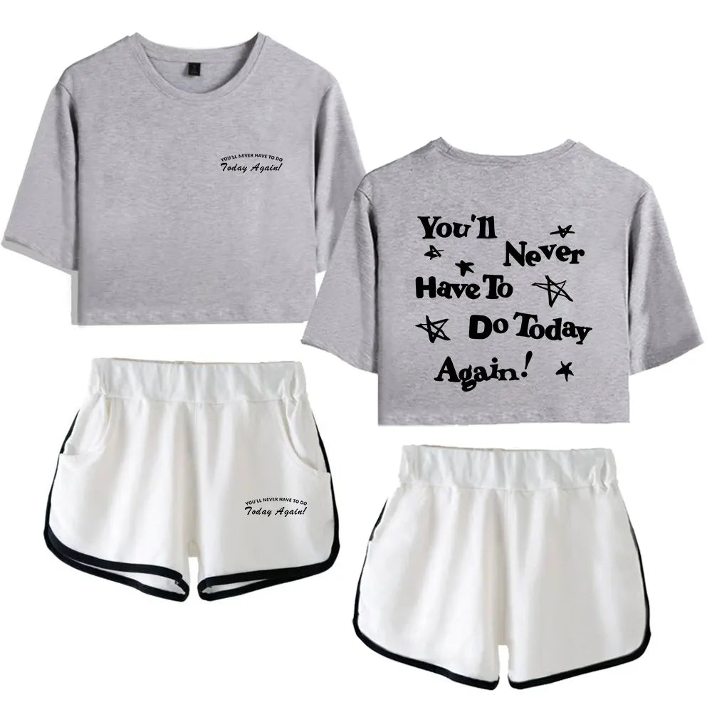 Gray crop top and white shorts with text on a white background