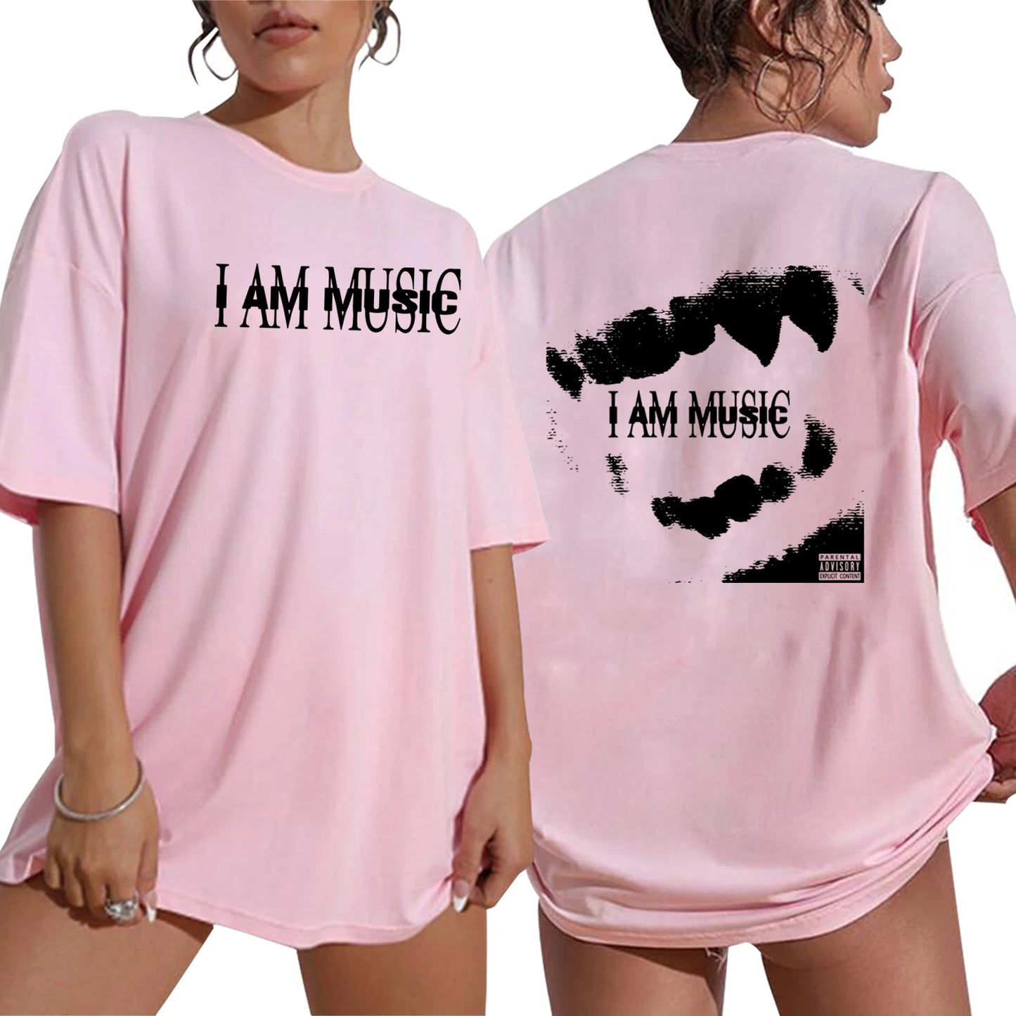 Pink t-shirt with 'I AM MUSIC' text on front and back, worn by a person.