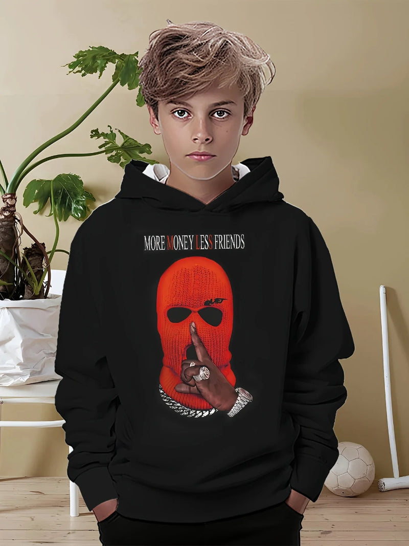 A boy wearing a black hoodie with a 3D print of a toy bear wearing sunglasses.
