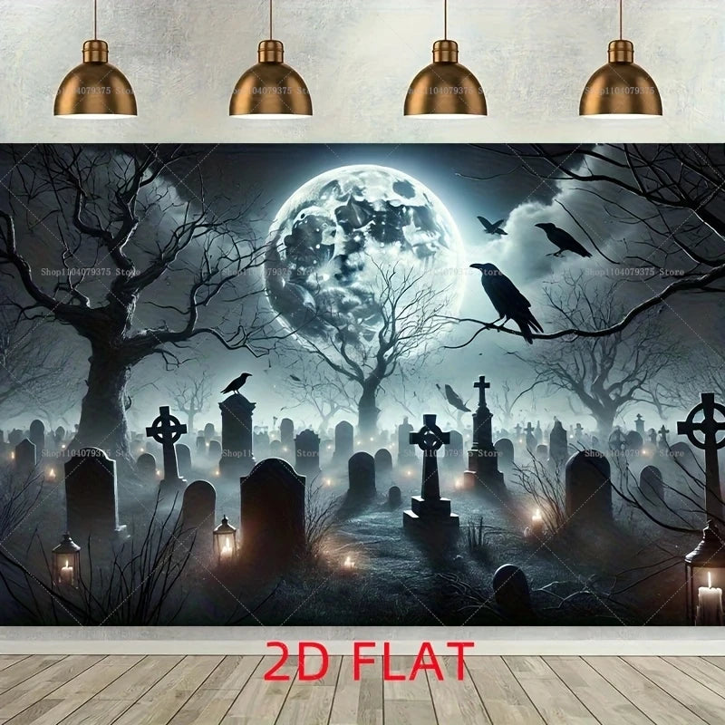 Gothic cemetery scene with full moon, crows, and tombstones on a wall mural.