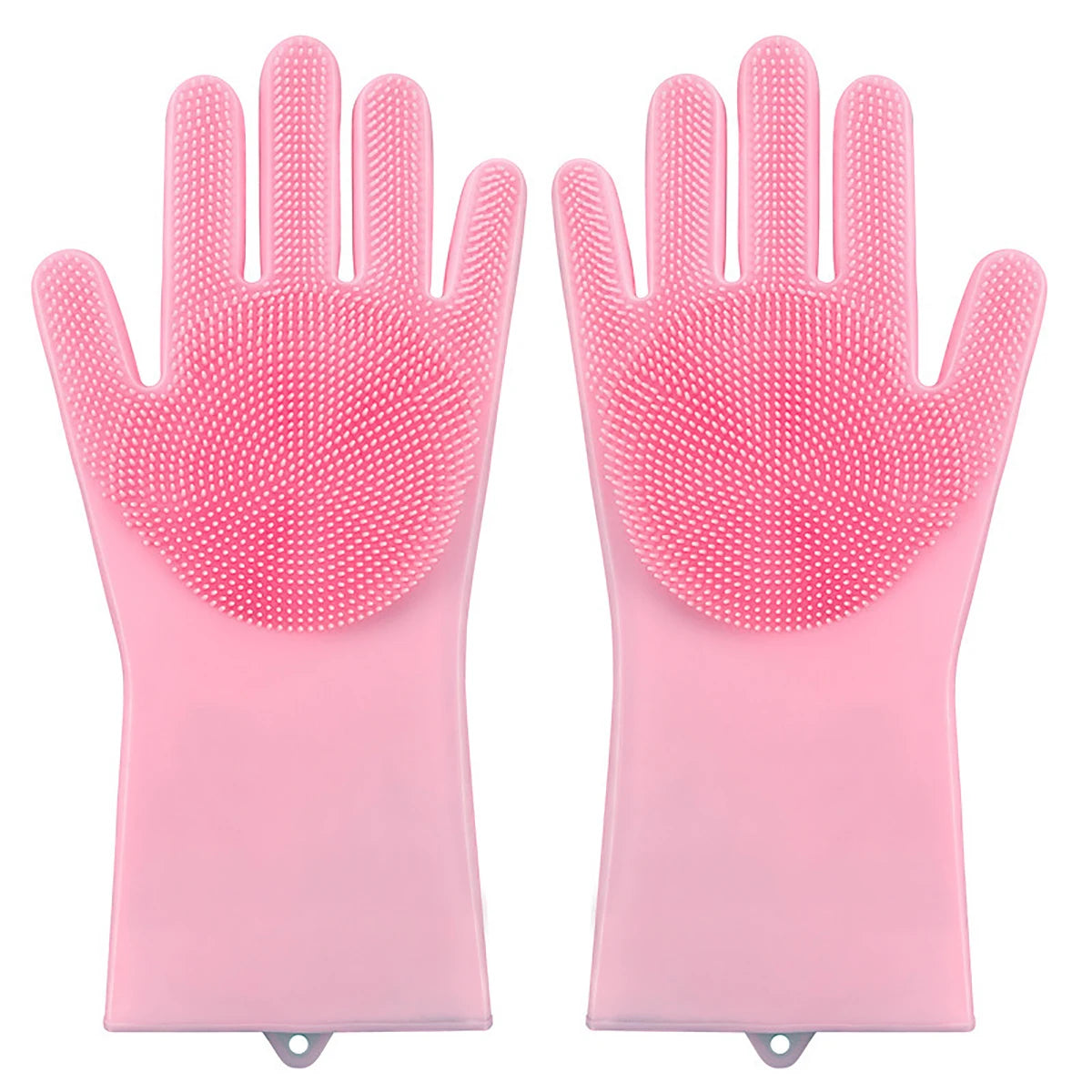 Pair of pink silicone gloves with textured surface on a white background