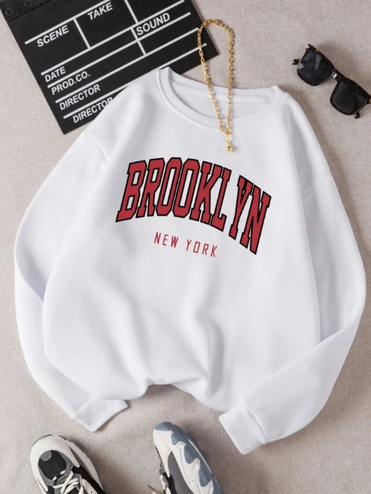 Brooklyn New Work Printed Hoodie Women’s Cotton Colorful Casual Top - white