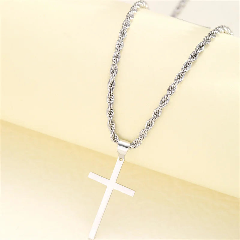 Unisex's cross pendant necklace with gold plated silver color simple twisted chain, fashionable jewelry for beach or party gift silver