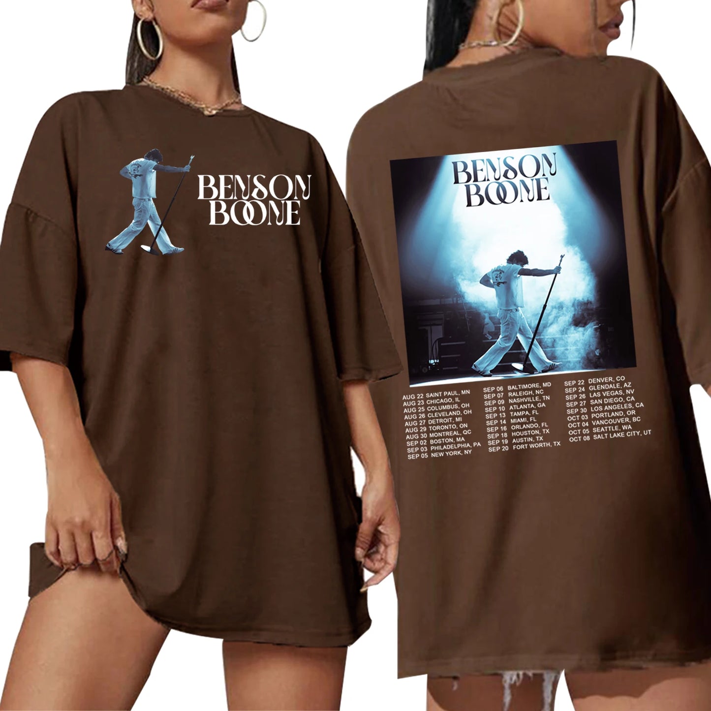 Brown t-shirt with 'Benson Boone' graphic design on front and back