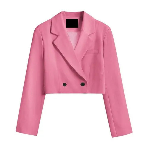 Cropped blazer for women – trendy Korean style notched slim fit chic solid color fashion suit outwear pink long