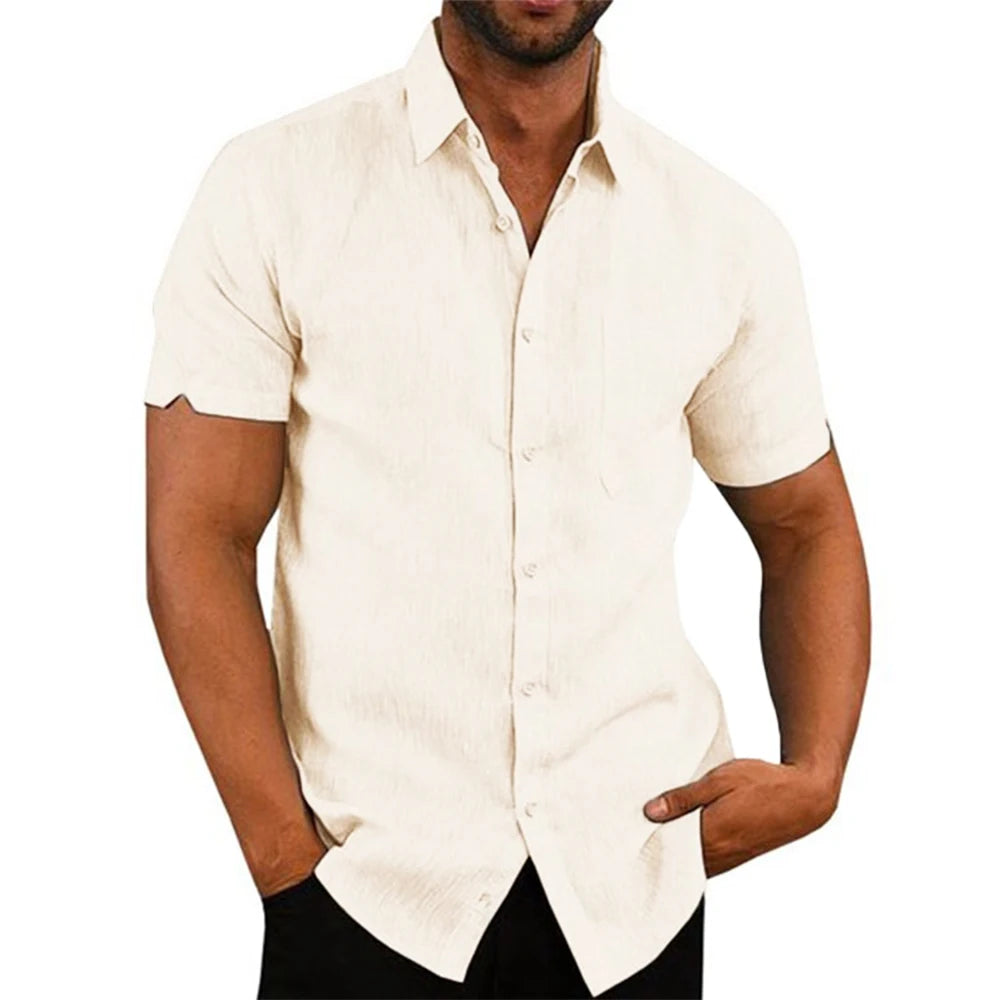 Men's Cotton Linen Summer Short Sleeve Shirt in Solid Color with Turn-down Collar, Casual Plus Size Beachwear  -  beige