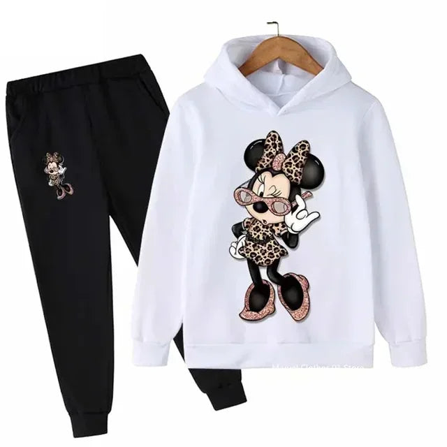 Children’s Minnie Mouse hoodie and pants set for boys and girls, cozy long sleeve outfit white and black 2