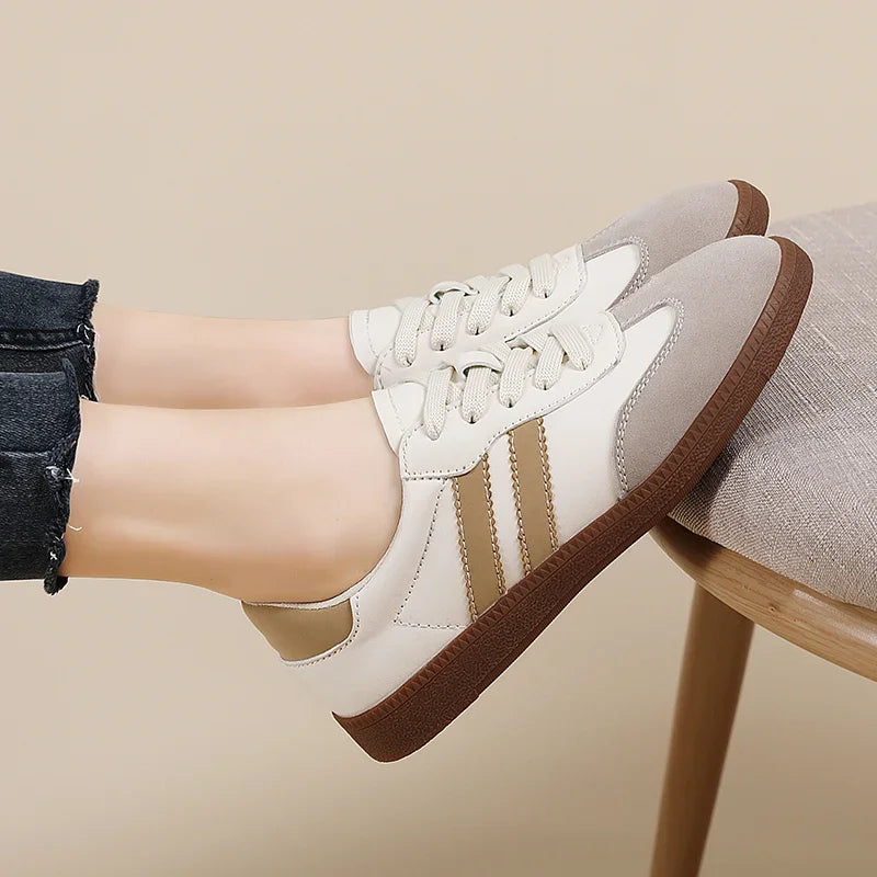 women’s flat luxury sneakers in grey and white with retro low-cut design, round toe, and lace-up closure – perfect for casual autumn fashion-  beige 2