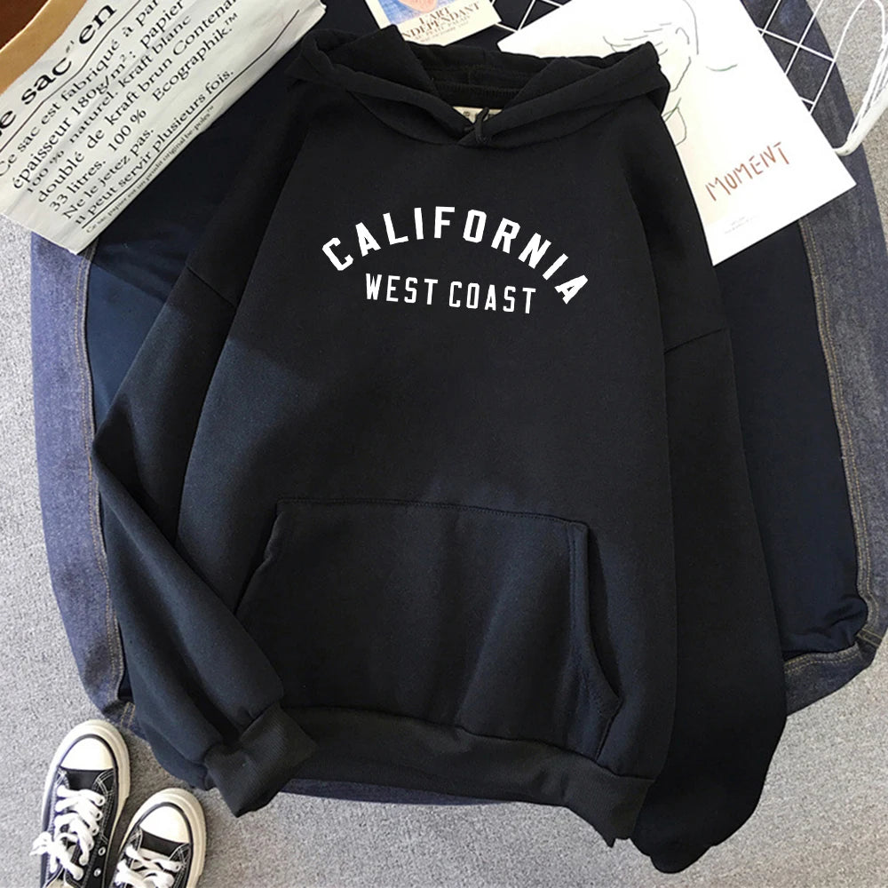 Women's California West Coast loose hoodie with creative pattern and fleece lining -Black 2