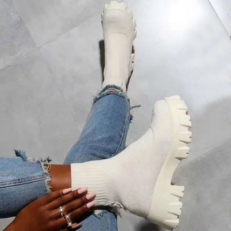 Women’s white platform ankle boots with sock fit, stylish heels for winter and autumn fashion- 3. white