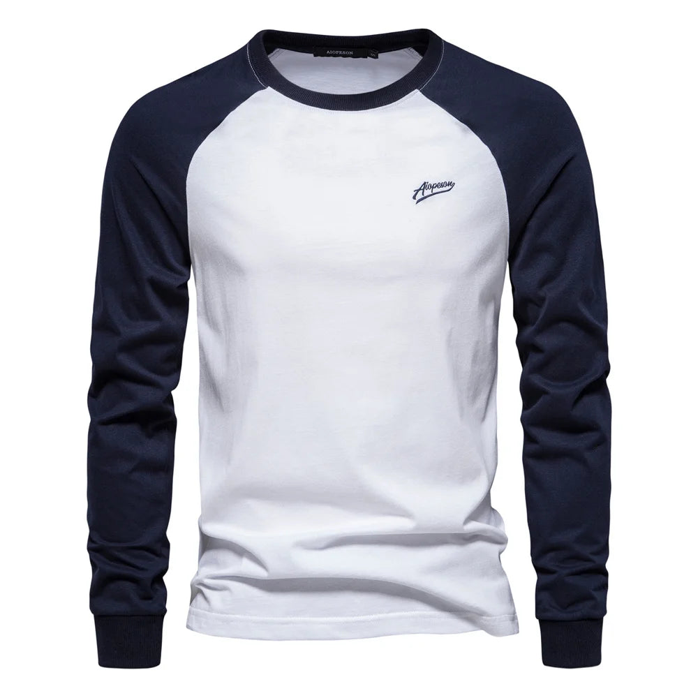 AIOPESON men's 100% cotton long sleeve patchwork casual t-shirt - white and blue