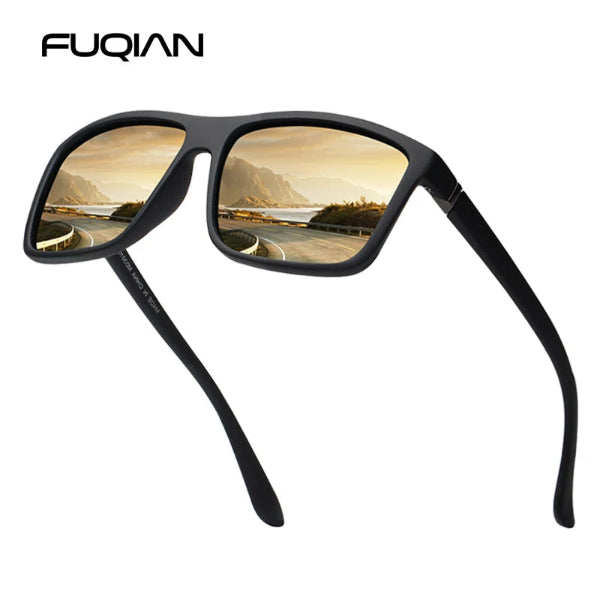 Classic black square polarized sunglasses with mirror blue lenses – UV400 anti-glare unisex shades for driving and outdoor fashion - Tea color Fuqian