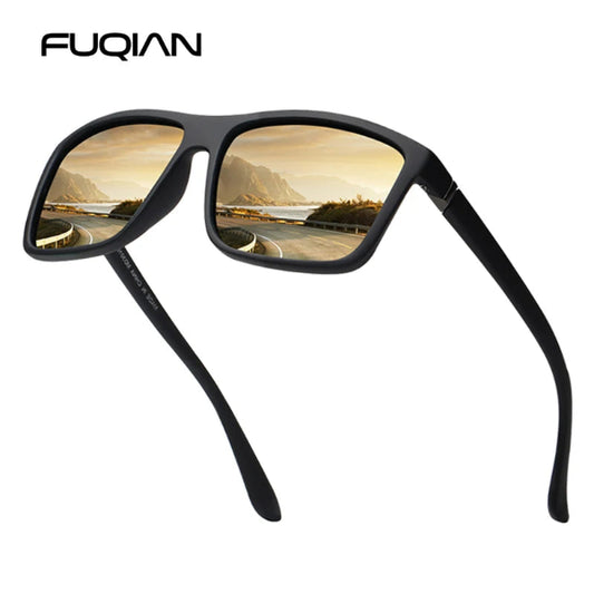 Classic black square polarized sunglasses with mirror blue lenses – UV400 anti-glare unisex shades for driving and outdoor fashion -  Tea color Fuqian