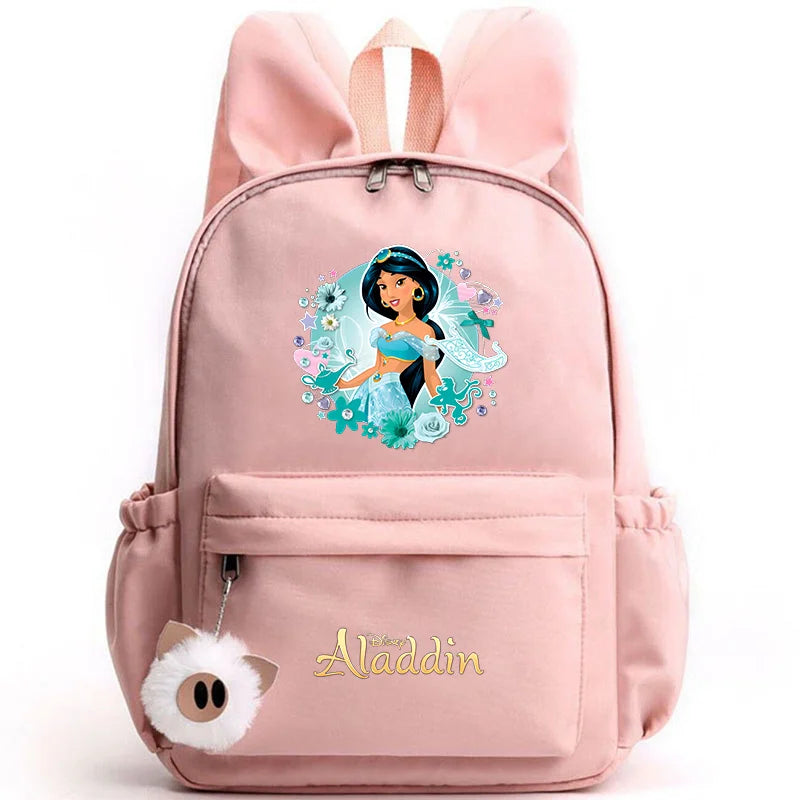 Pink backpack with Aladdin character design on a white background