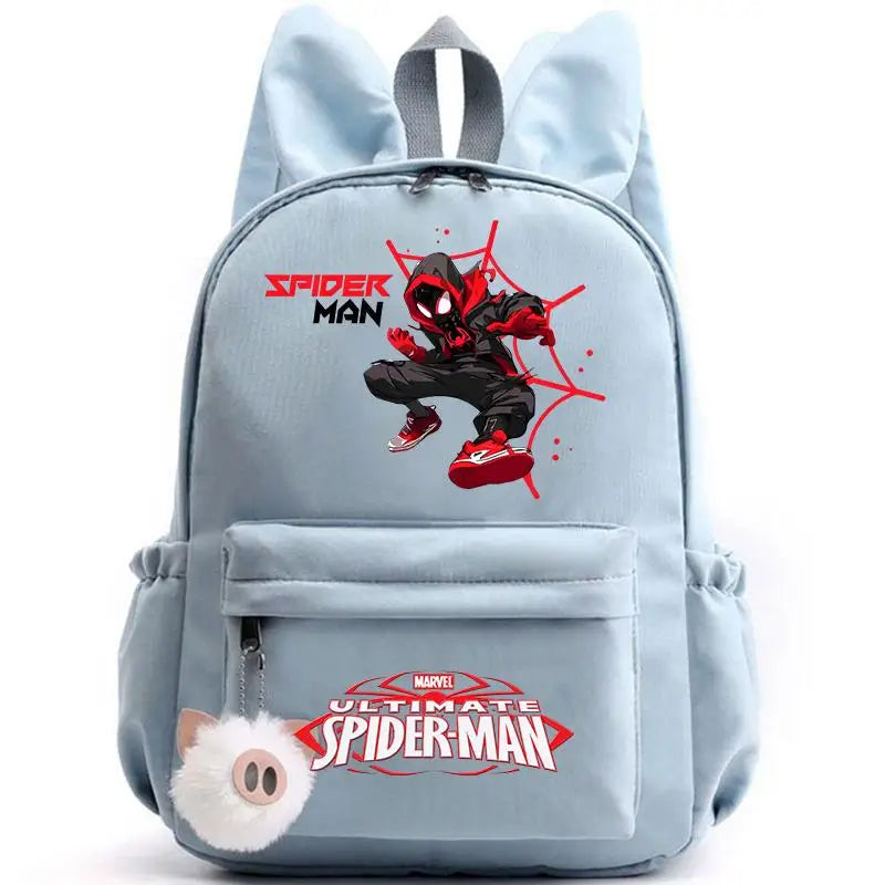 Light blue backpack with Spider-Man design on a white background