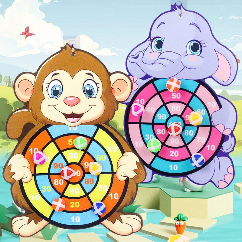 Cartoon monkey and elephant holding colorful dartboards with a playful outdoor background.