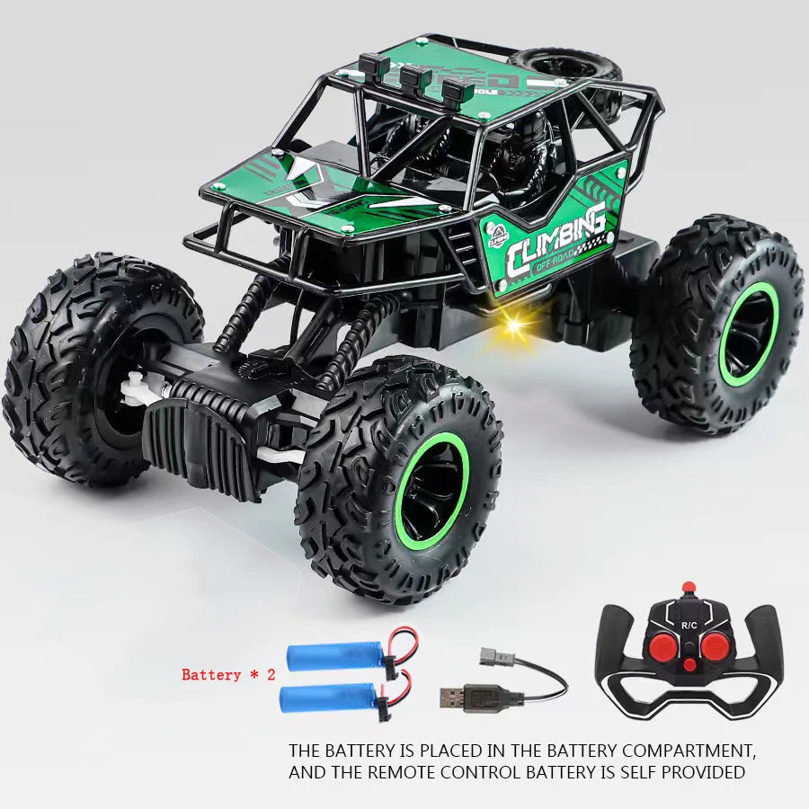 Toy monster truck with large wheels and remote control on a white background