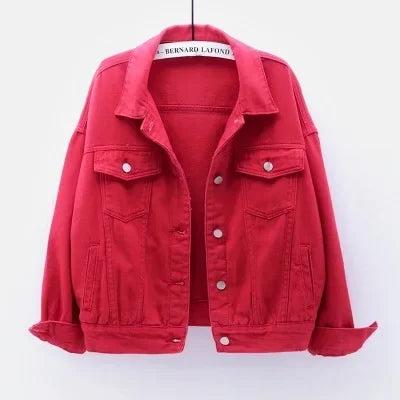 Red denim jacket on a white background
