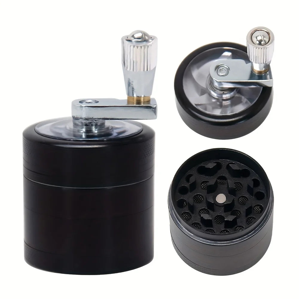 Black herb grinder with chrome top and detailed interior on a white background